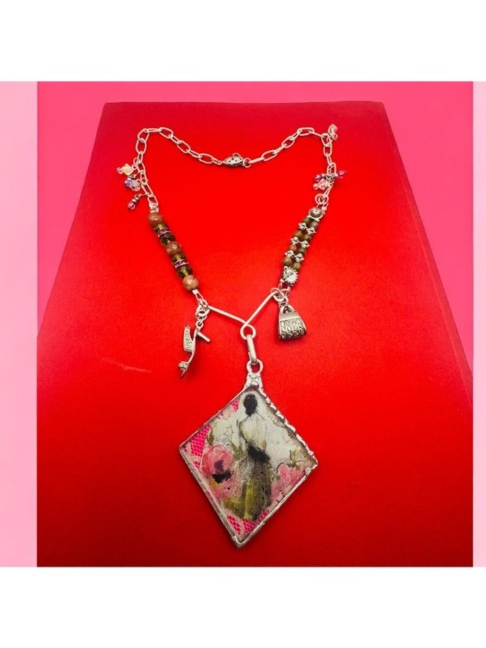 Parisian Muse Tiny Canvas Necklace with Unakite & Pink Jasper | Alma Antigua - Picture 9 of 15